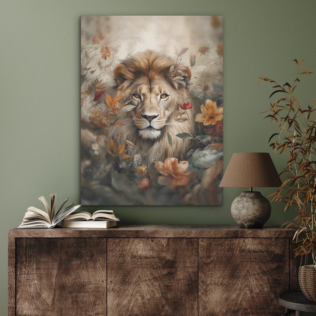 AKUSTIKBILD Löwe - Wildtiere - Pflanzen - Natur - Blumen Wandbilder 60x80 cm - Beige, Kunststoff (60/80/0.9cm) - MuchoWow