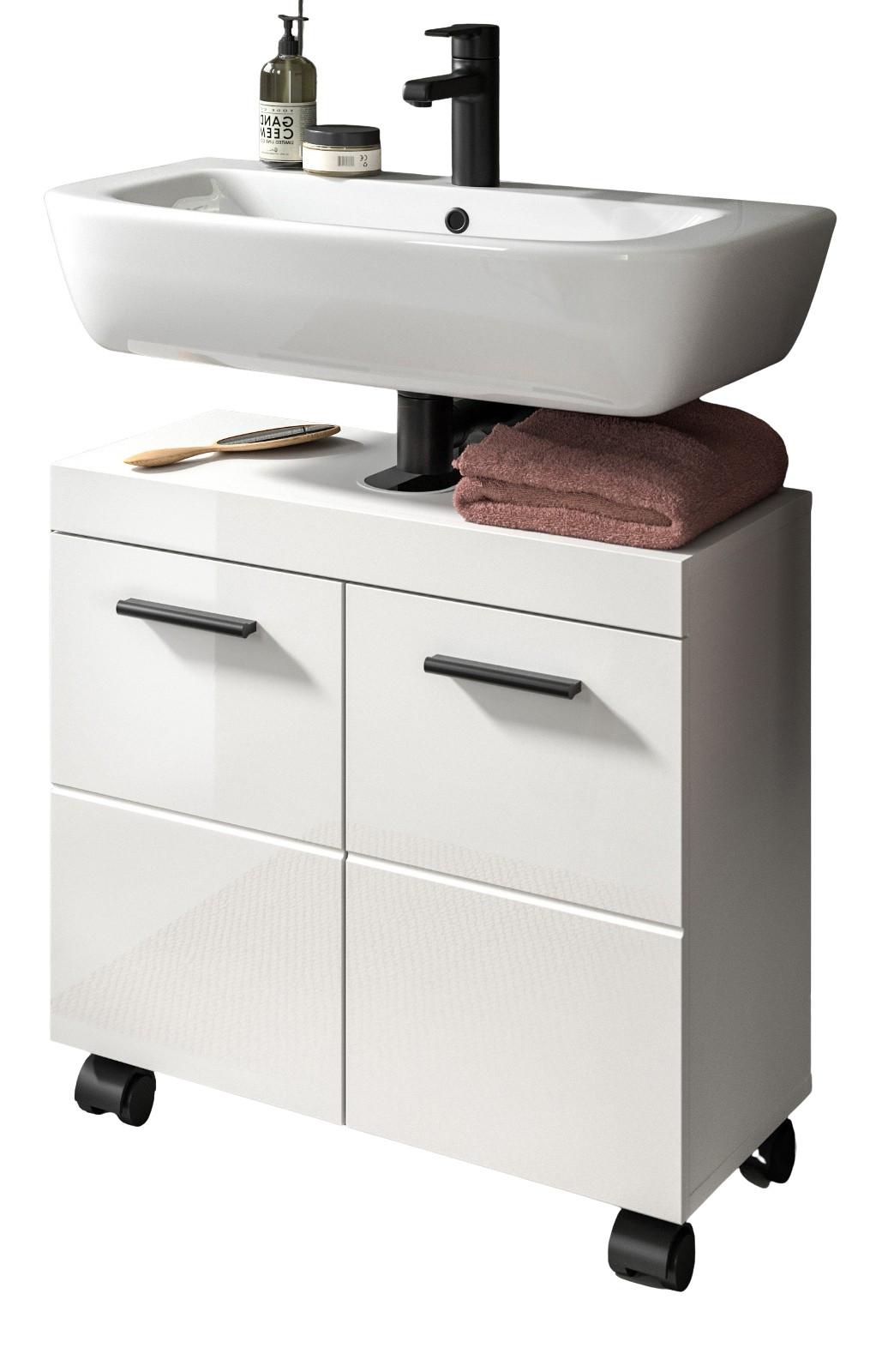 WASCHBECKENUNTERSCHRANK weiß Hochglanz 60 cm, Badezimmer Unterschrank auf Rollen - Weiß Hochglanz/Schwarz, Holzwerkstoff/Kunststoff (60/58/30cm) - Inn.Furn