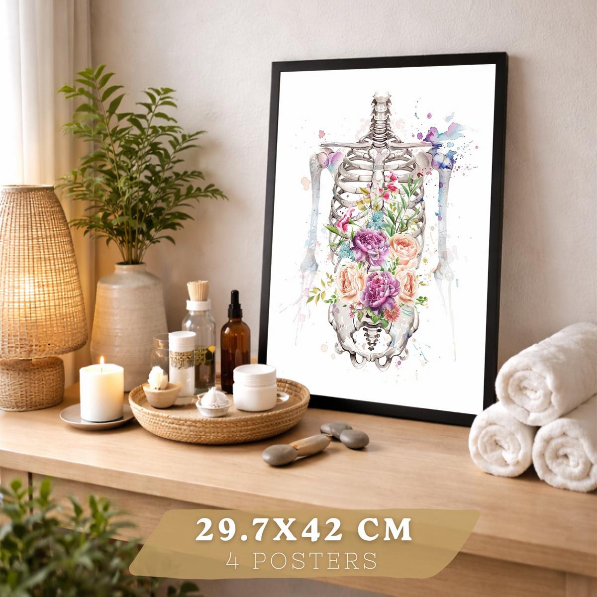 POSTER Set aus 4 Anatomie Mensch Drucke und mit Herz Gehirn Lungen Luftröhre Bronchien Wirbelsäule Florales Aquarell Design Größe Schwarzer Rahmen A3 - Schwarz, Papier (29.7/42/3cm) - Nacnic