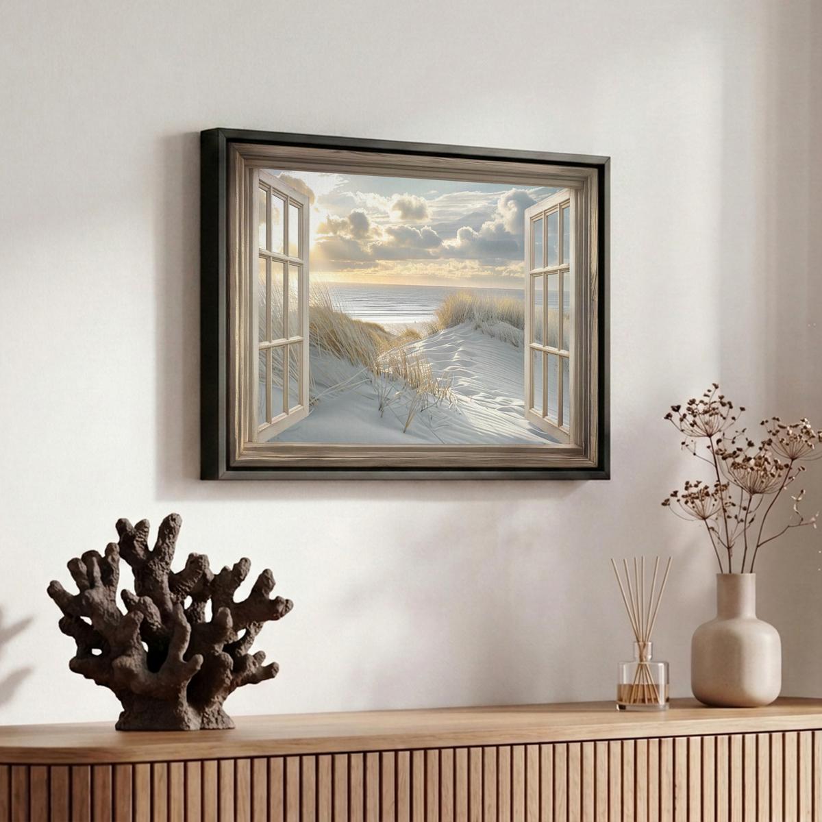 LEINWAND Bilder mit Rahmen - Ausblick - Strand - Dünen - Meer - Natur - 30x20 - Sandfarben, Textil (30/20cm) - MuchoWow