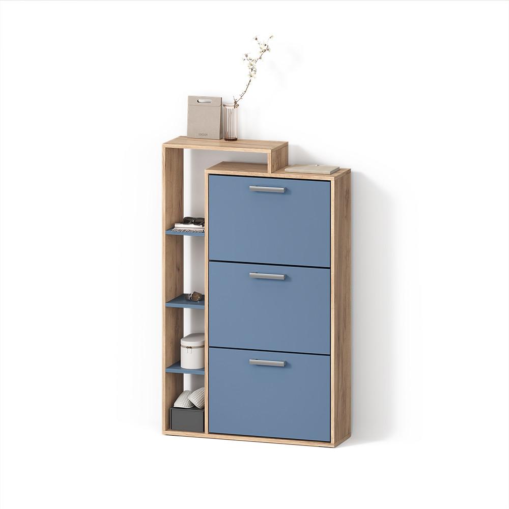 SCHUHKIPPER Ortello Goldkraft Eiche/Blau 80 x 128.3 cm mit 3 Fächern - Honigeiche/Dunkelblau, Holzwerkstoff (80/128.3/24.2cm) - Livinity®