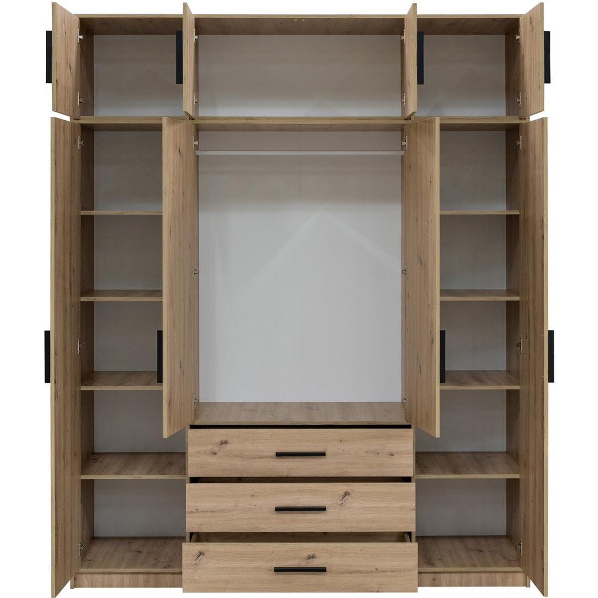 DREHTÜRENSCHRANK Kavo mit Aufsatz, Spiegel und 4 Türen, eiche Artisan - Schwarz/Eiche Artisan, Holzwerkstoff (200/245/58cm) - Beautysofa