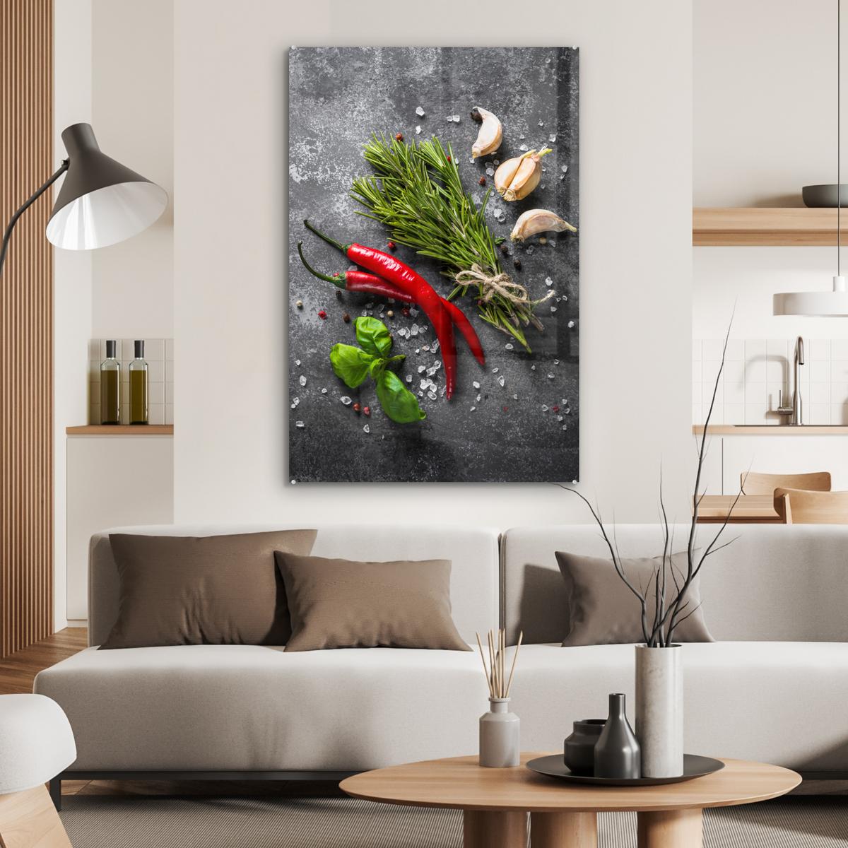 ACRYLGLASBILD Pfeffer - Kräuter - Gewürze - Beton 80x120 cm - Dunkelgrau, Glas (80/120cm) - MuchoWow