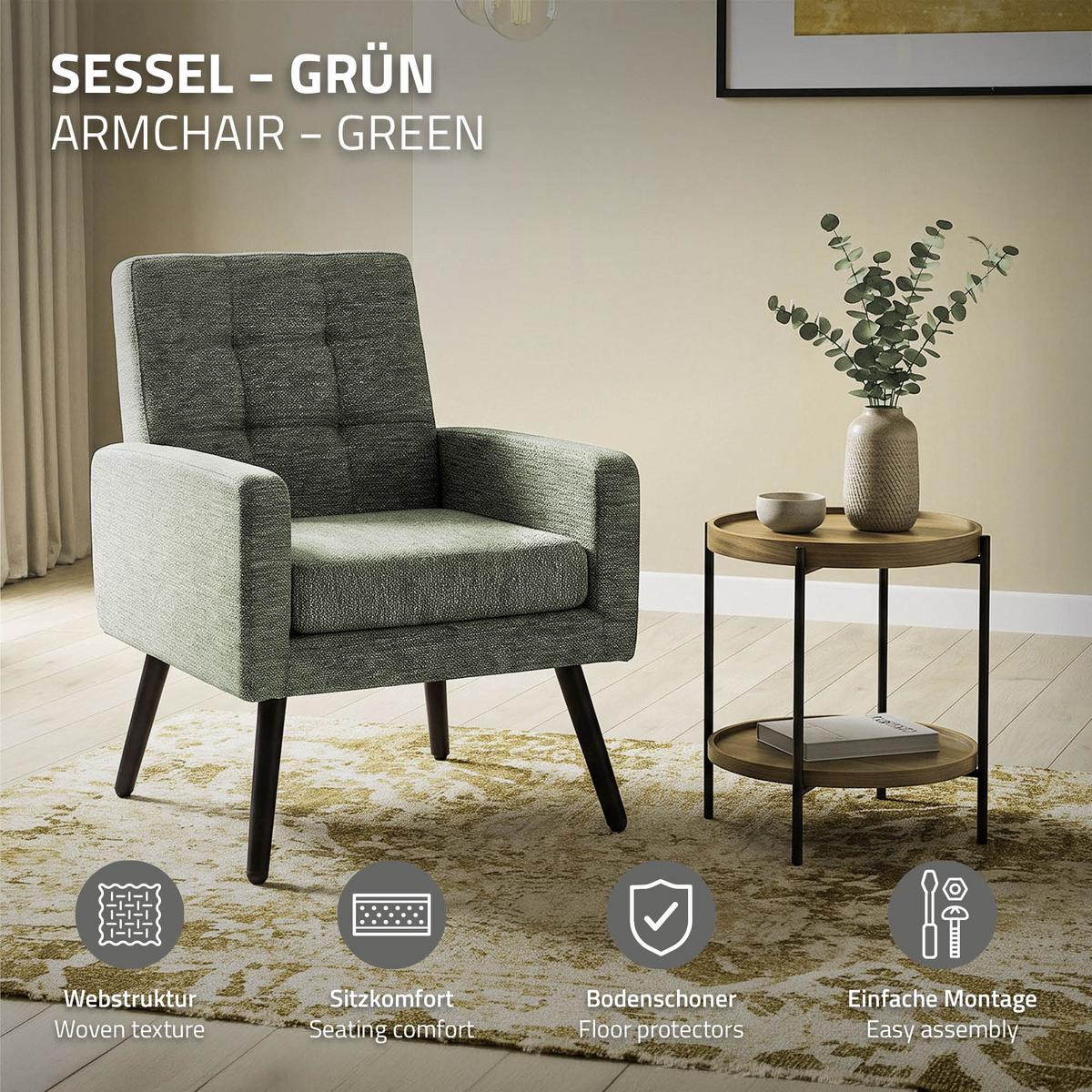 SESSEL mit Stahlbeinen und Webstruktur Relaxsessel 66,5x80x63,5 cm Grün - Schwarz/Grün, Textil/Metall (66.5/80/63.5cm) - ML-DESIGN