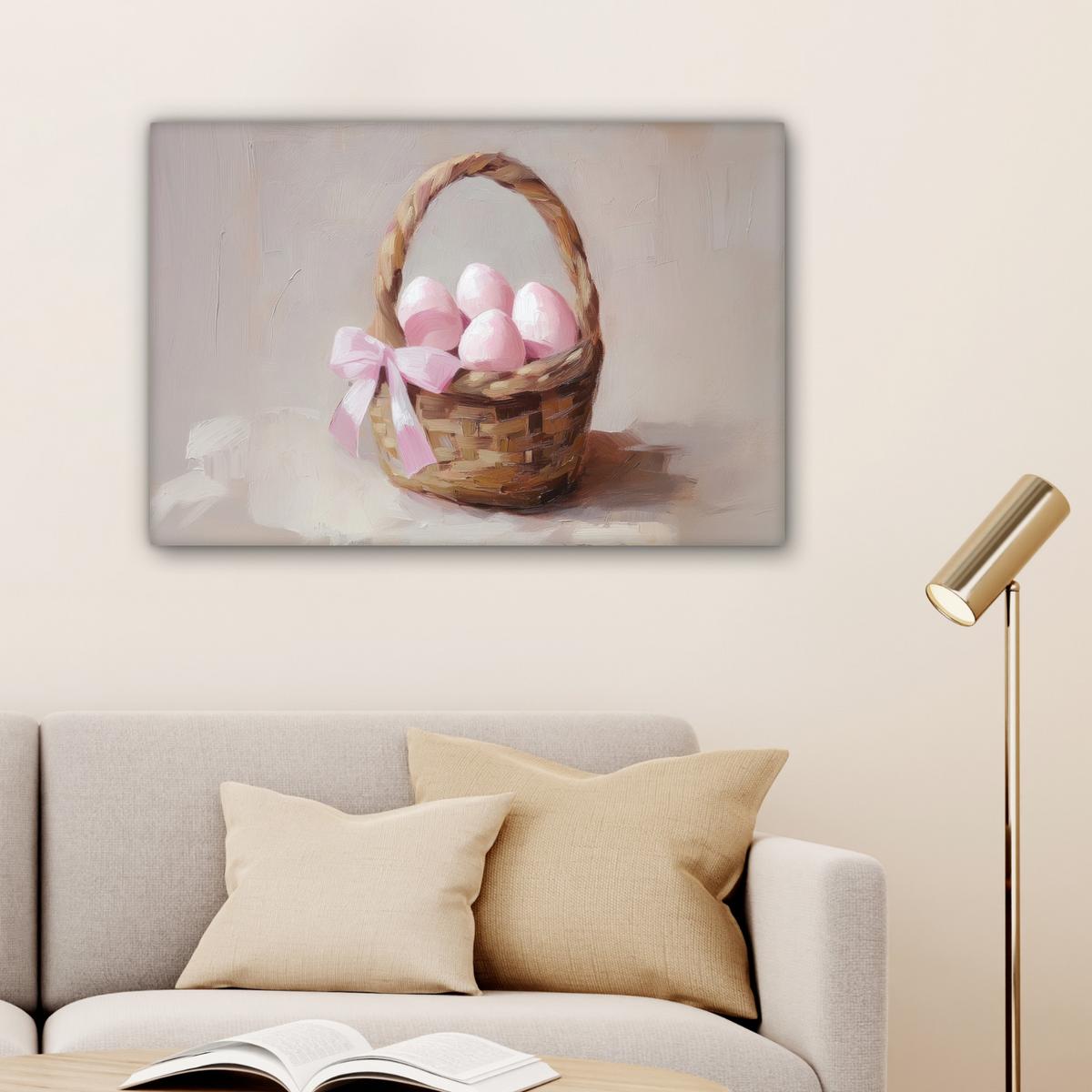 LEINWANDBILD Korb - Eier - Rosa Gemälde 60x40 cm - Beige, Textil (60/40cm) - MuchoWow