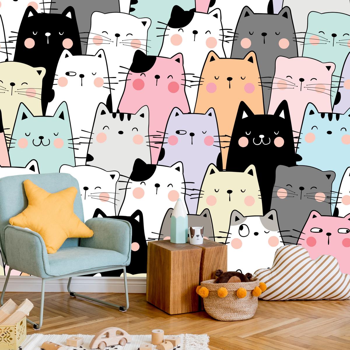 FOTOTAPETE für Kinderzimmer Bunte Katzen Cartoon Abstraktion 300x210 - Blau/Gelb, Papier (300/210cm) - Muralo