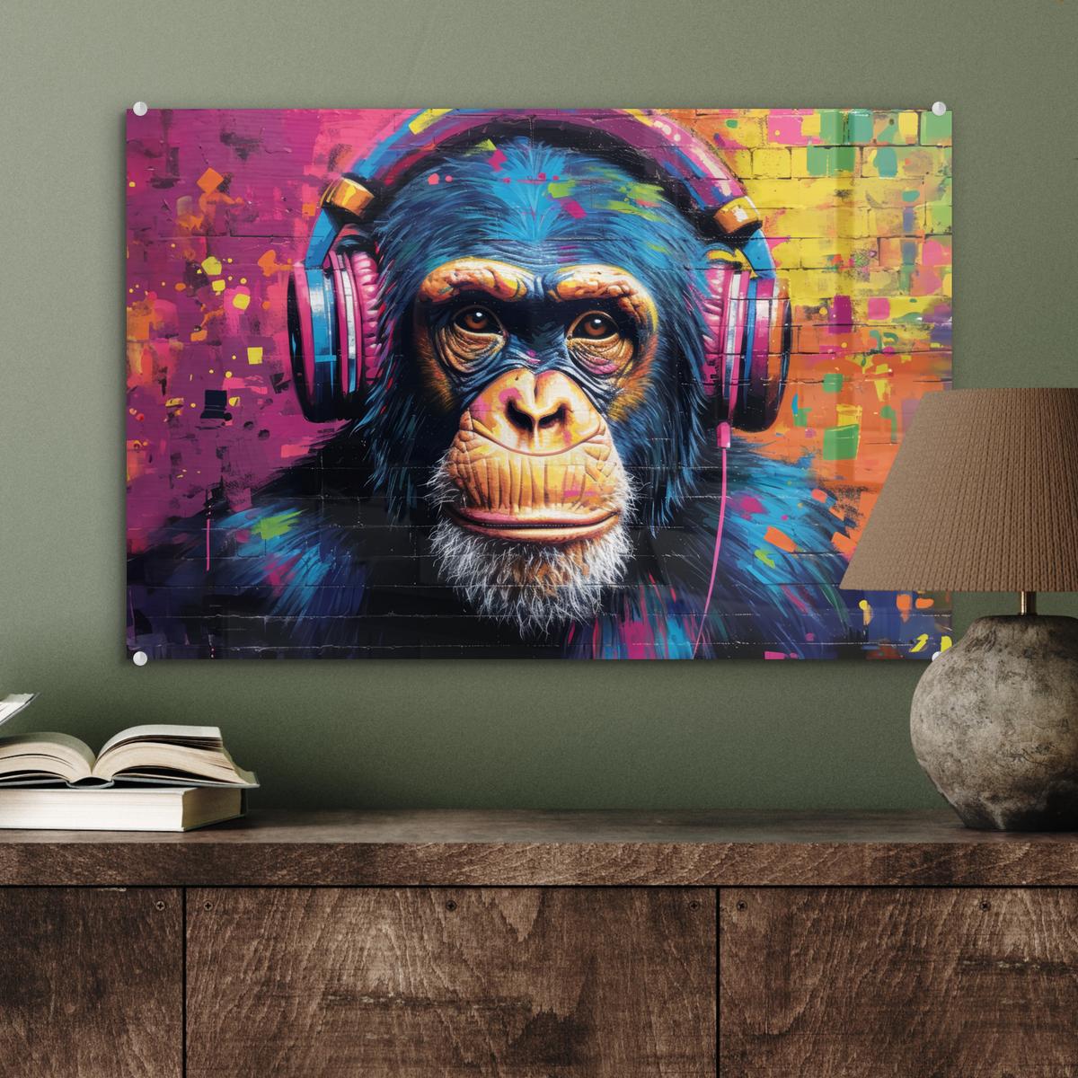 ACRYLGLASBILD Graffiti - Schimpanse - Straßenkunst - Kopfhörer - Affe Wanddeko 60x40 cm - Blau, Glas (60/40cm) - MuchoWow