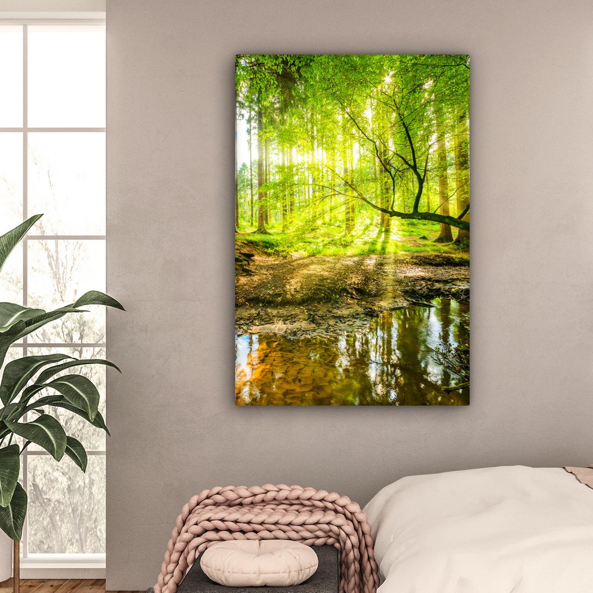 LEINWANDBILD Wald - Landschaft - Wasser - Bäume - Sonne - Grün - Natur Deko XXL 80x120 cm - Grün, Textil (80/120cm) - MuchoWow