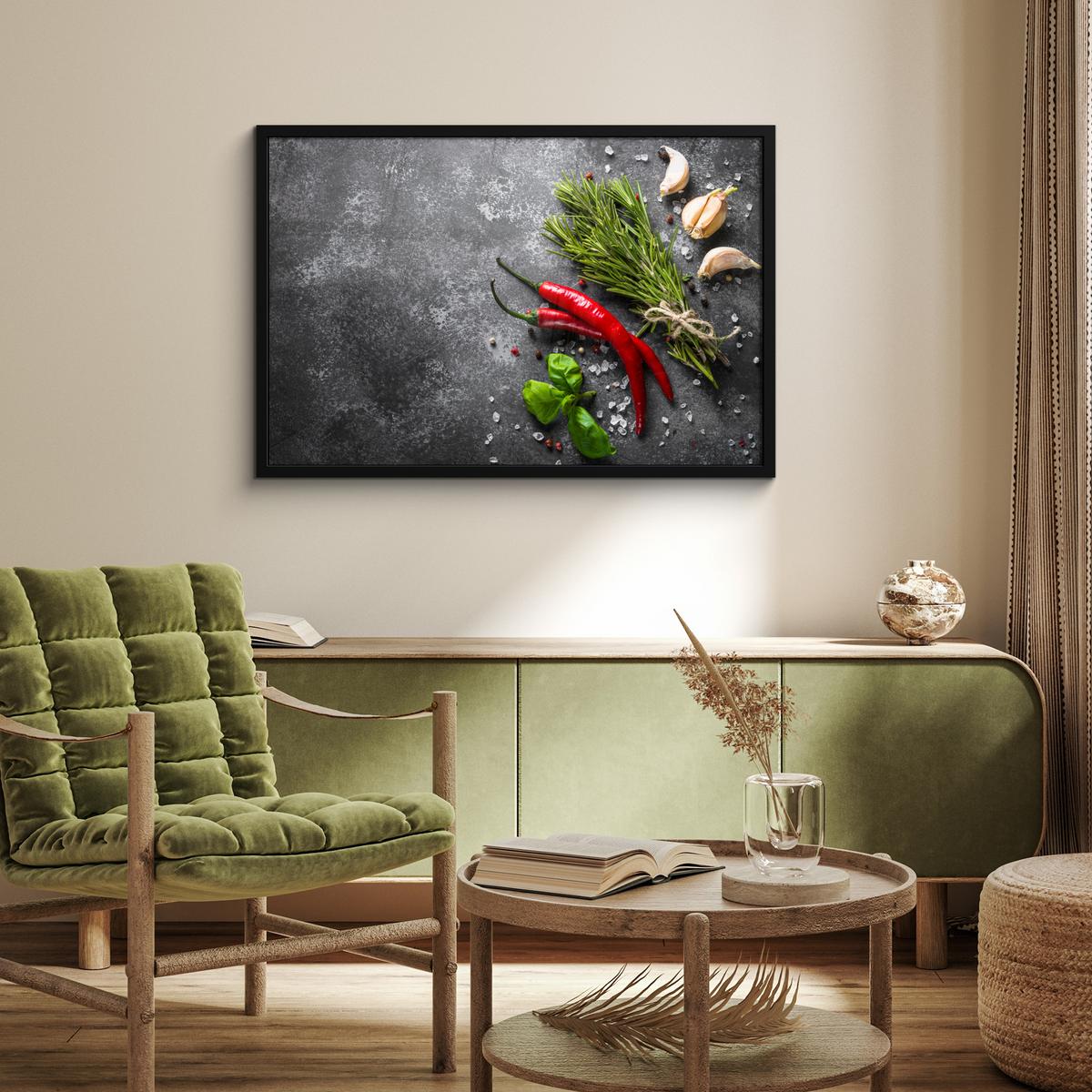 POSTER MIT RAHMENGERAHMTES BILD Pfeffer - Kräuter - Gewürze - Beton 90x60 cm - Dunkelgrau, Papier (90/60cm) - MuchoWow