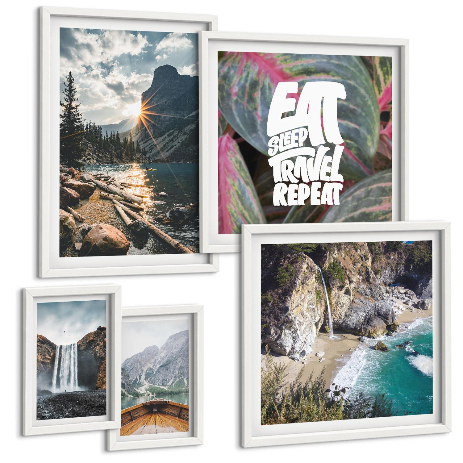 BILDER SET 5er Set - 50x50 cm & 20x30 cm & 40x60 cm Weißer Rahmen - Wasserfall Bergreise Natur - Weiß, Kunststoff (40/60cm) - TULUP