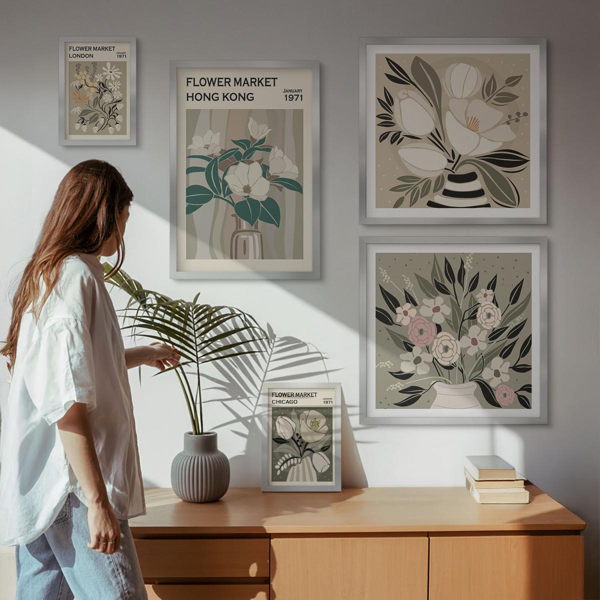 BILDER SET 5er Set - 50x50 cm & 20x30 cm & 40x60 cm Silberner Rahmen - Blumenillustrationen London Hongkong - Silberfarben, Kunststoff (40/60cm) - TULUP