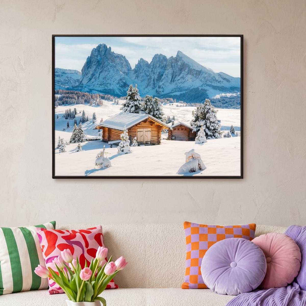 LEINWAND Bilder mit Rahmen - Winter - Hütte - Berge - Aussicht - Schnee - 100x70 - Eichefarben, Textil (100/70cm) - MuchoWow