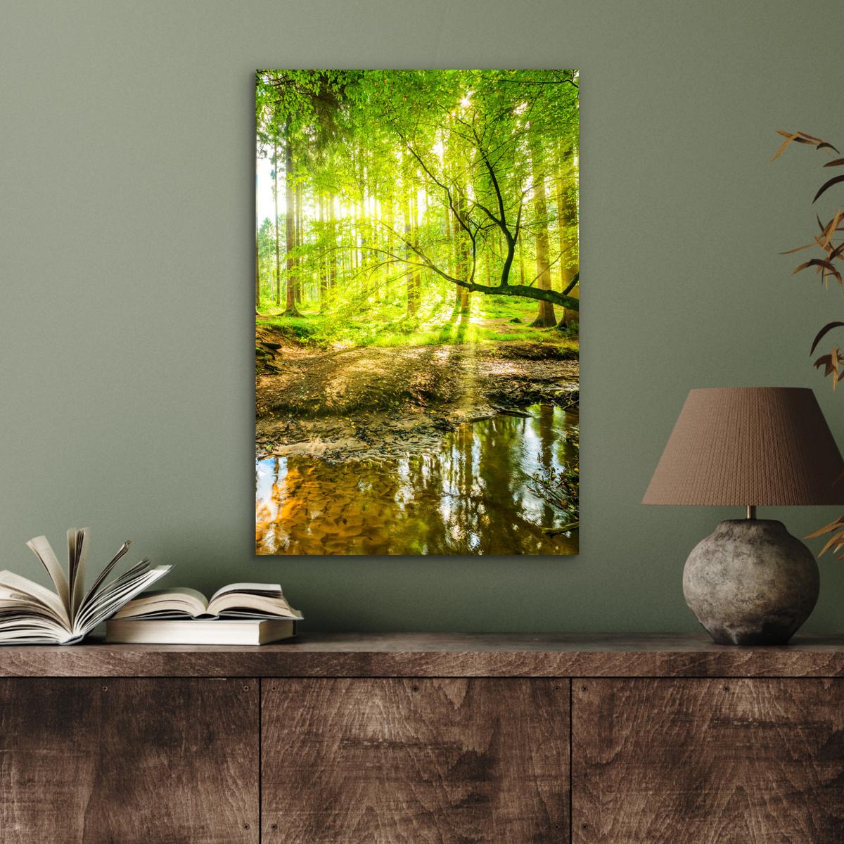 METALLBILD Wald - Landschaft - Wasser - Bäume - Sonne - Grün - Natur Deko Schlafzimmer 40x60 cm - Grün, Metall (40/60cm) - MuchoWow