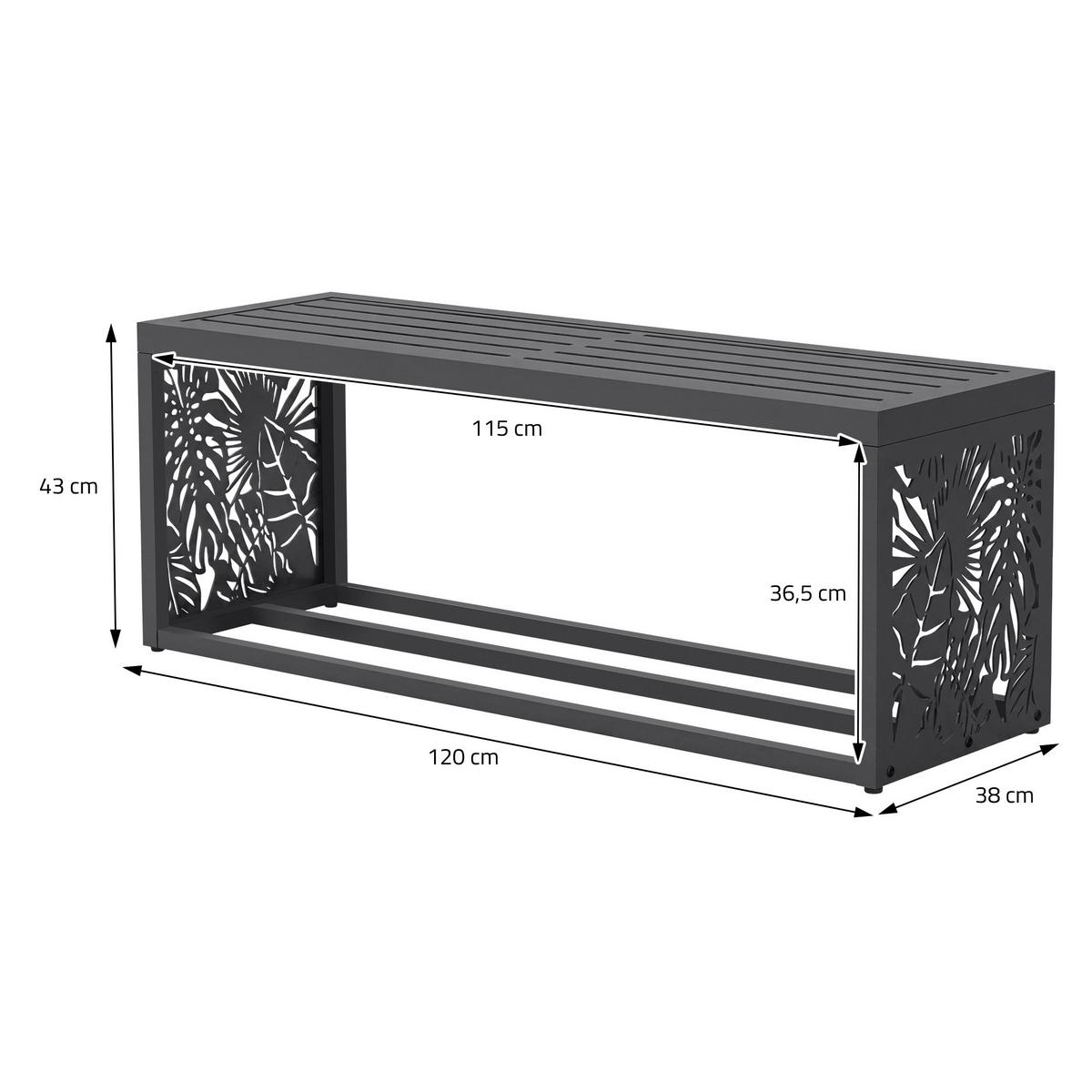 KAMINHOLZREGAL Innen/Aussen mit Sitzbank Metall Brennholzregal Anthrazit 120x38x43 cm Stahl Verzinkt Blätter-Motiv - Anthrazit, Metall (120/43/38cm) - ML-DESIGN
