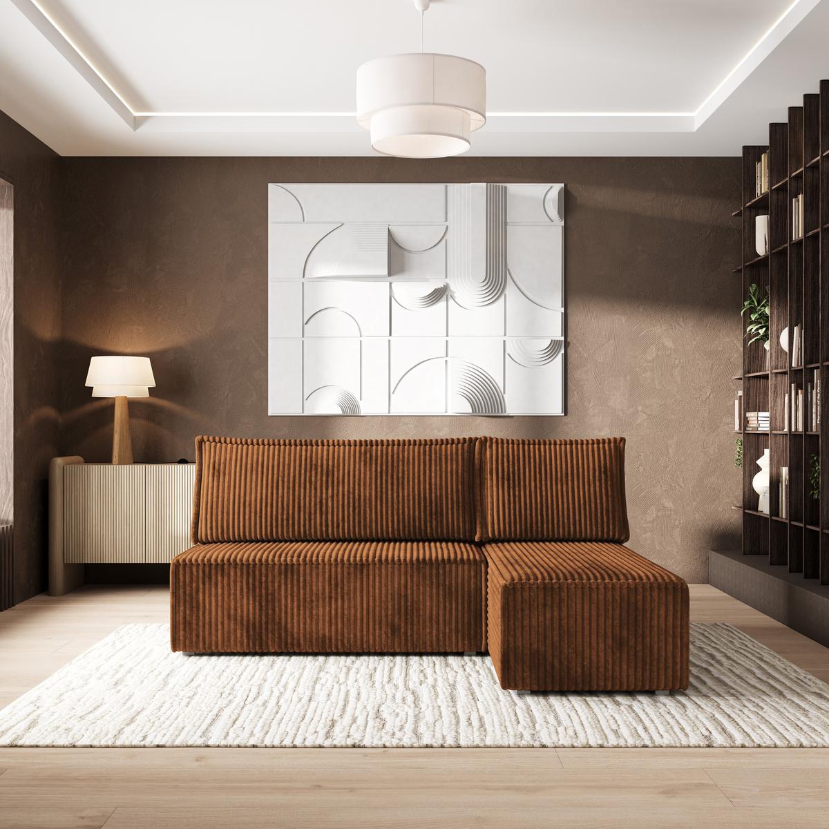 ECKSOFA BRISO T Kupferfarben Kordstoff mit Schlaffunktion - Grau/Kupferfarben, Holz/Kunststoff (200/140cm) - MASSENO