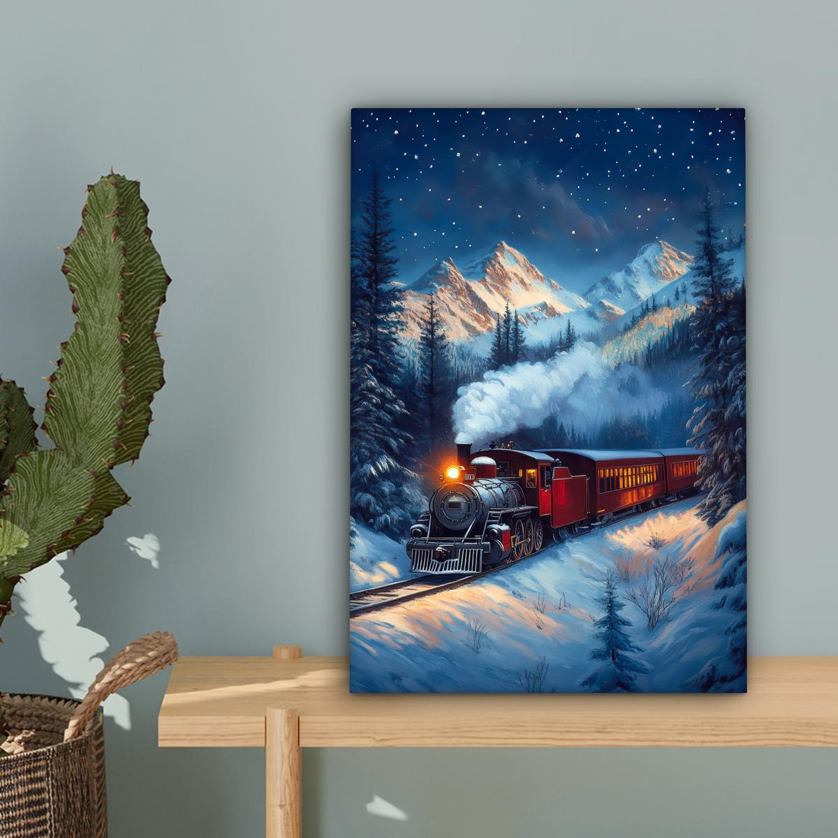 LEINWANDBILD Zug - Weihnachten - Schnee - Weihnachtszug Deko Wohnzimmer 20x30 cm - Anthrazit, Textil (20/30cm) - MuchoWow