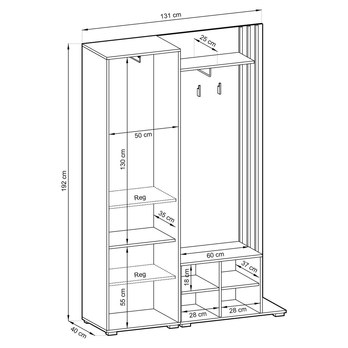 GARDEROBENSCHRANK NELIANA 131/192/40 cm Modern Garderobe-Set Weiß - Weiß, Holzwerkstoff (131/192/40cm) - MASSENO