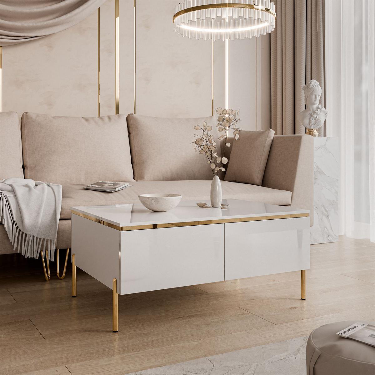 COUCHTISCH AURORA mit Staufach Weiß / Weiß hochglanz mit gerade Goldchrom Fuße - Weiß Hochglanz/Goldfarben, Holzwerkstoff/Metall (60/90/40cm) - Lookway