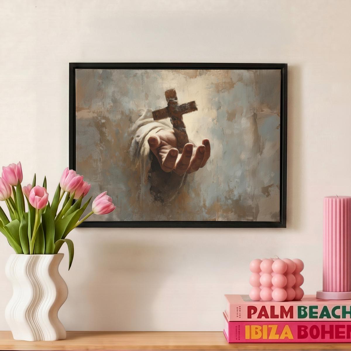 LEINWAND Bilder mit Rahmen - Abstrakt - Kreuz - Hand - Christentum - 40x30 - Hellbraun, Textil (40/30cm) - MuchoWow