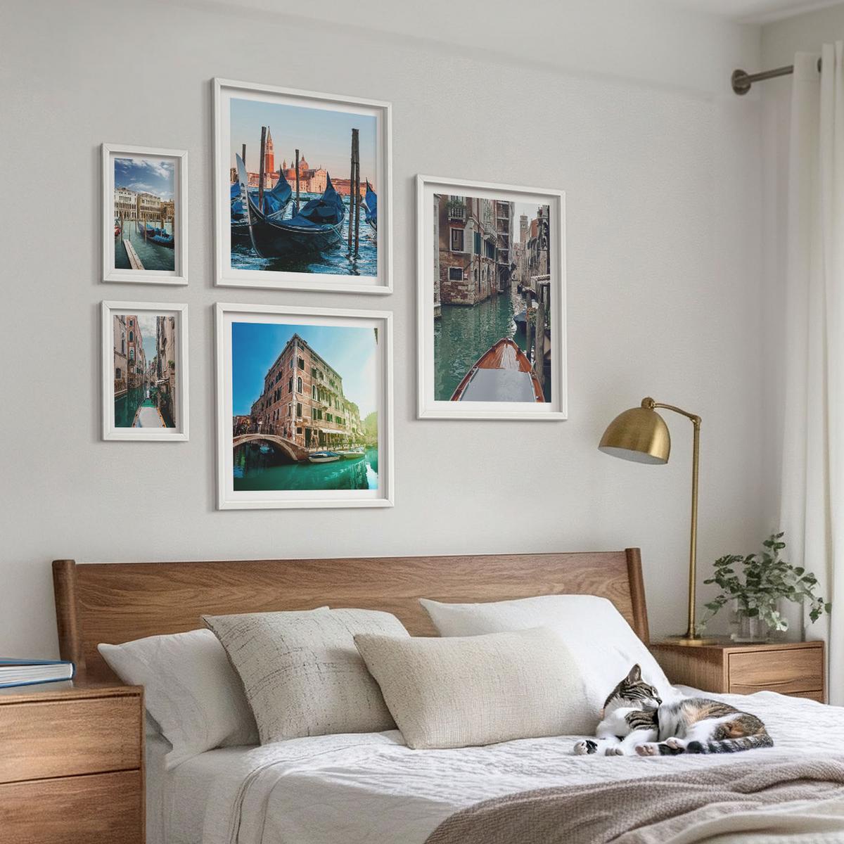 BILDER SET 5er Set - 50x50 cm & 20x30 cm & 40x60 cm Weißer Rahmen - Küchenutensilienmuster Blätter - Weiß, Kunststoff (40/60cm) - TULUP
