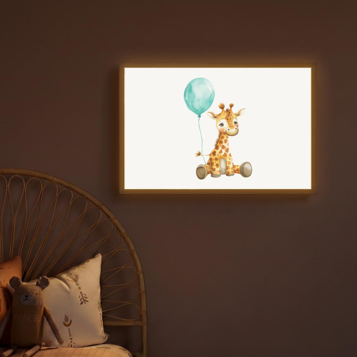WANDLEUCHTE MIT AKKU Giraffe - Baby - Tiere - Blauer Ballon 60x40 cm - Weiß, Holzwerkstoff (60/40/8cm) - OnlyWow
