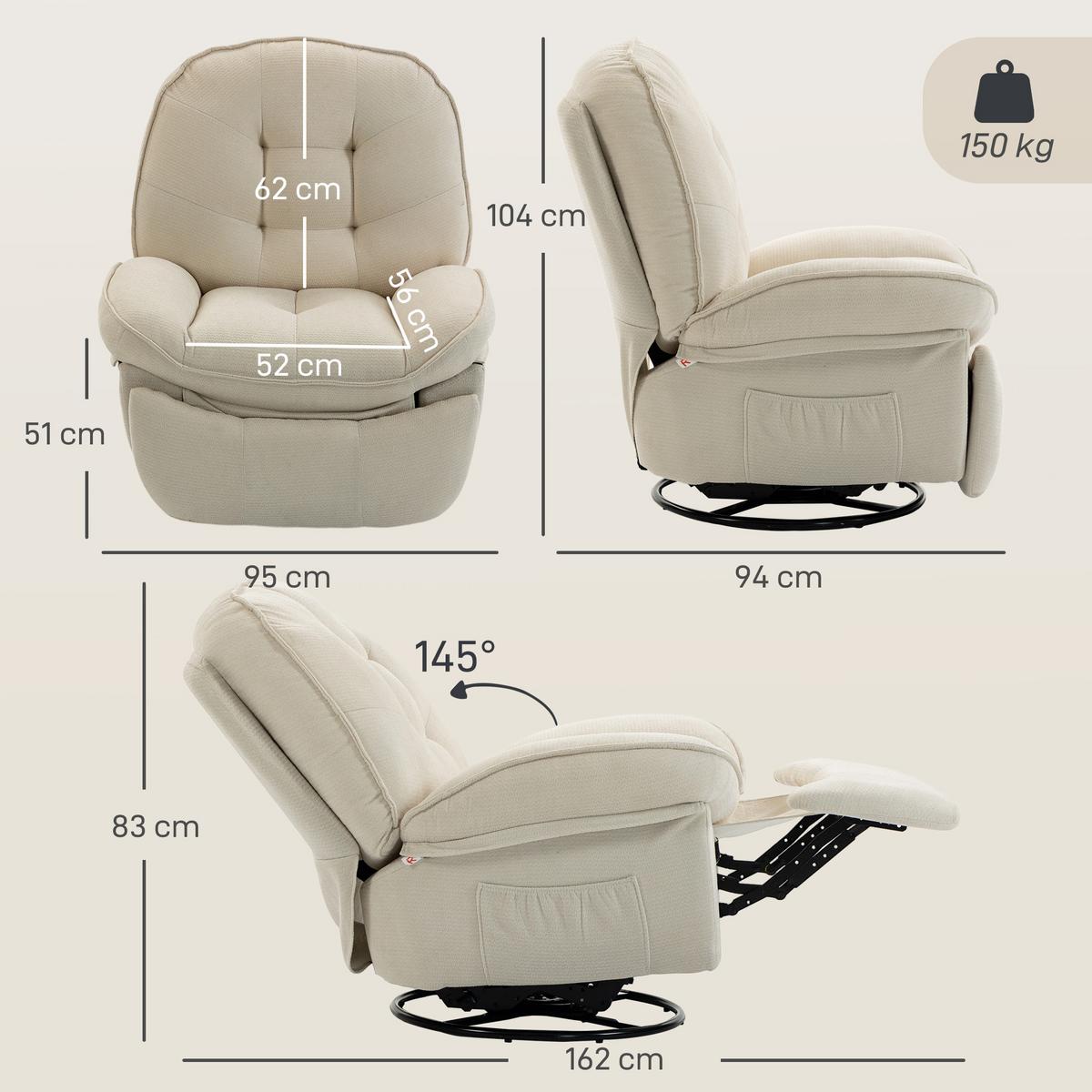 RELAXSESSEL Polyester Cremeweiß - Creme/Schwarz, Holzwerkstoff/Textil (94/104/95cm) - HOMCOM