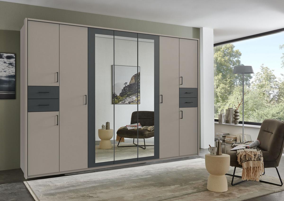DREHTÜRENSCHRANK B313/H210/T58 cm, Sandgrau mit Absetzungen in Grafit, Kleiderschrank m.Passepartout&3Spiegeltüren&Schubkästen, Griffe schwarz / 22585 - Sandfarben/Schwarz, Holzwerkstoff/Kunststoff (313/210/58cm) - luma-home