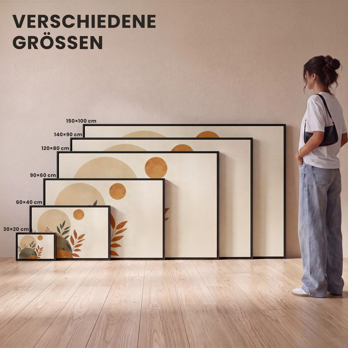 LEINWAND Bilder mit Rahmen - Formen - Rund - Blätter - Beige - 90x60 - Rostfarben, Textil (90/60cm) - MuchoWow