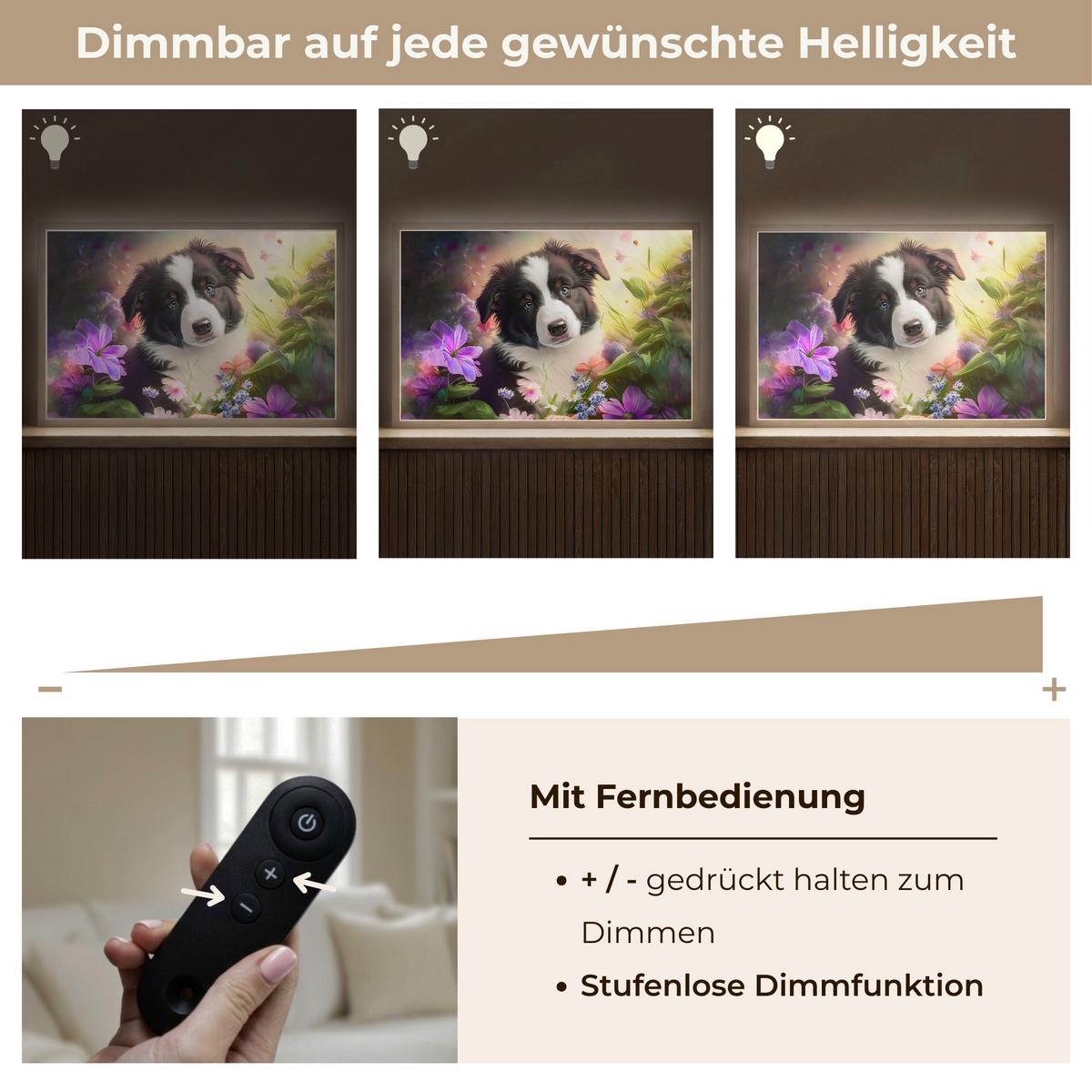NACHTTISCHLAMPE MIT AKKU Welpe - Sonne - Blumen - Natur - Border Collie - Hund 60x40 cm - Violett, Holzwerkstoff (8/60/40cm) - OnlyWow
