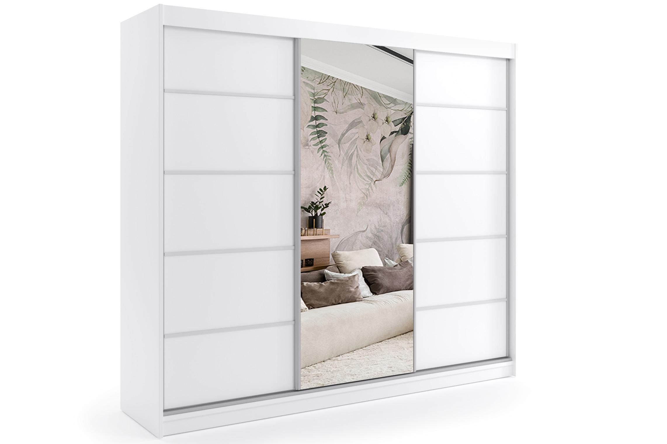 KLEIDERSCHRANK mit Spiegel-Schiebetüren und Aluminium-Leisten, LED-Beleuchtung - MAKI - 180 cm Weiß - Weiß, Holzwerkstoff (180/216/61cm) - ALTDECOR