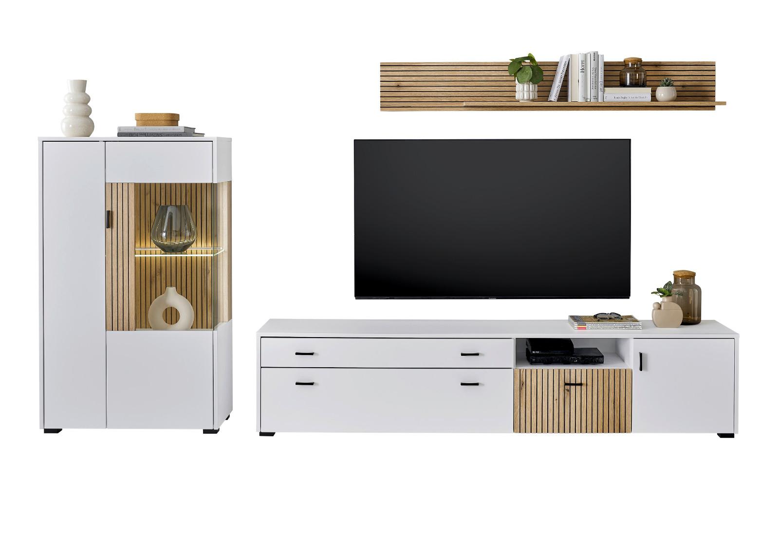 WOHNWAND 3-teilig weiß matt, Eiche 285 cm, Wohnkombination mit Soft-Close - Eichefarben/Schwarz, Glas/Holzwerkstoff (285/170/42cm) - Furn.Design