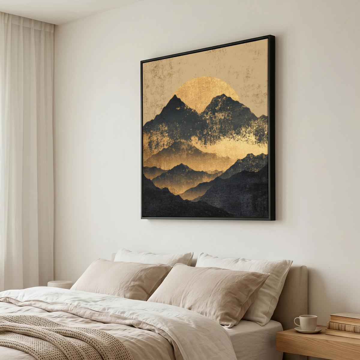 LEINWAND Bilder mit Rahmen - Goldene Berge bei Mondschein - 90x90 - Goldfarben, Textil (90/90cm) - MuchoWow
