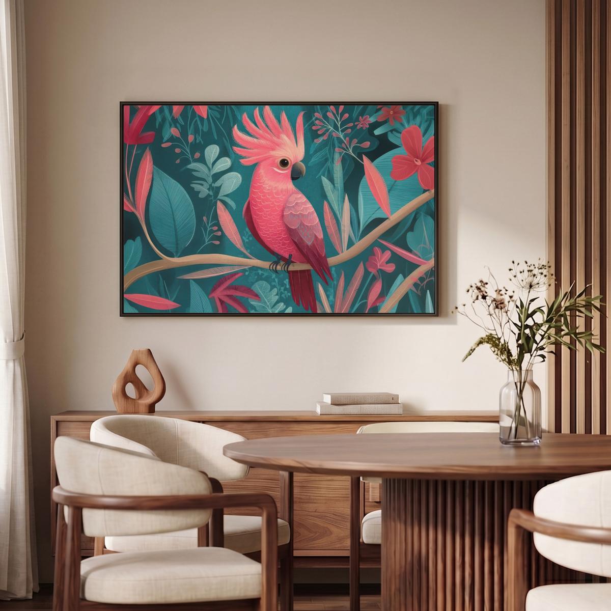 LEINWAND Bilder mit Rahmen - Kakadu - Tropische Blätter - Zweig - 90x60 - Petrol, Textil (90/60cm) - MuchoWow