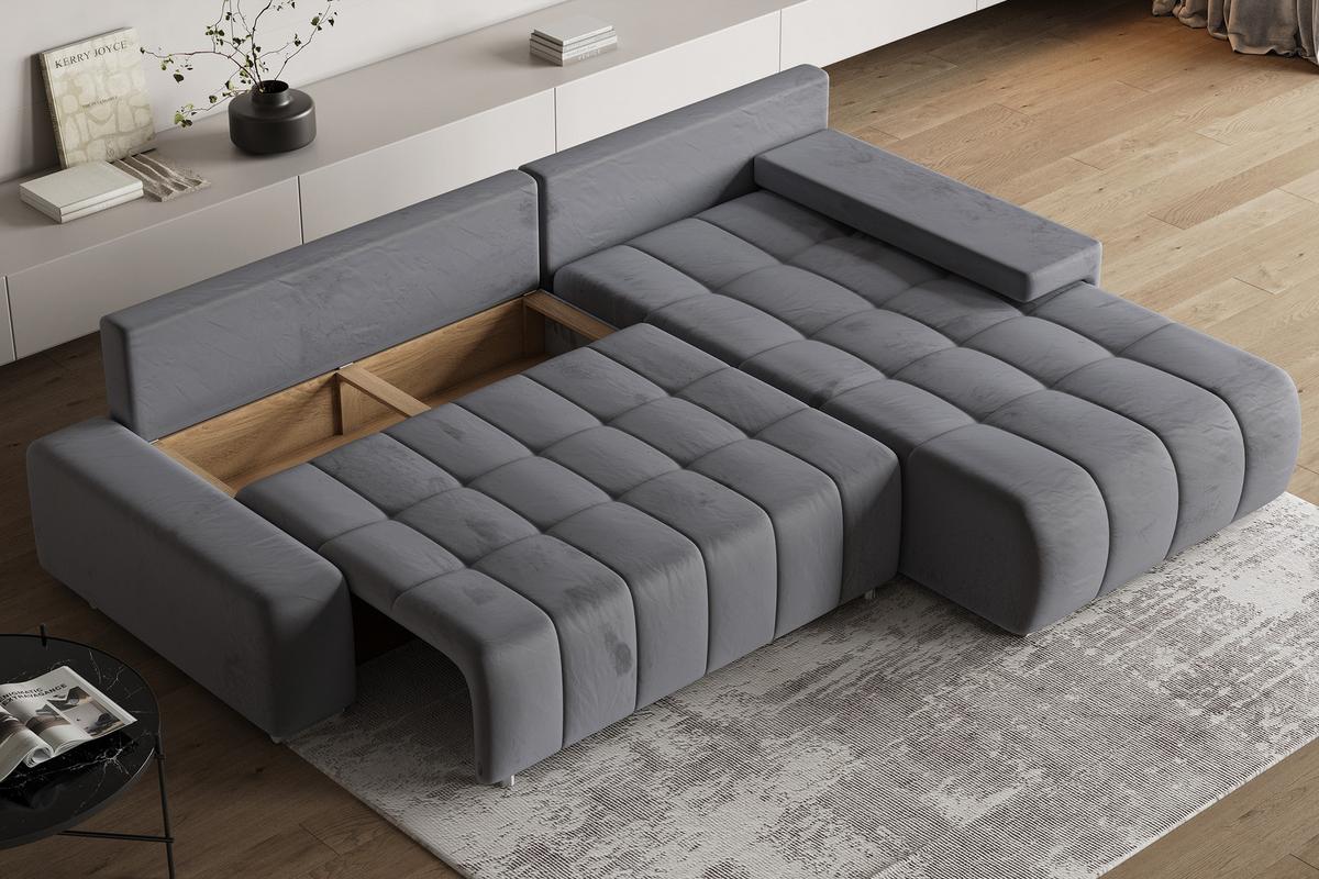 ECKSOFA ALESE R-S Grau Velours-Stoff mit Schlaffunktion - Silberfarben/Grau, Holz/Textil (265/185cm) - MASSENO