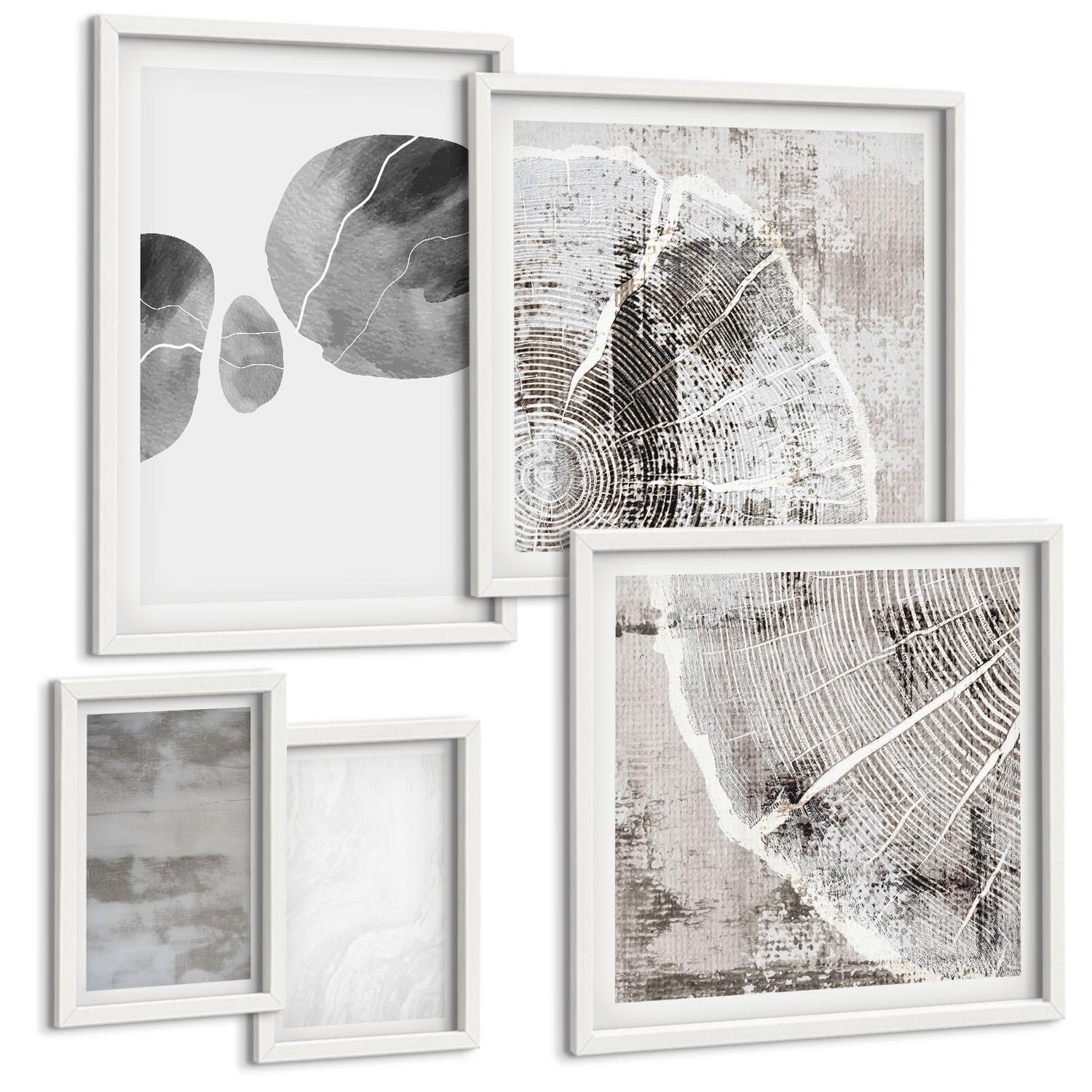 BILDER SET 5er Set - 50x50 cm & 20x30 cm & 40x60 cm Weißer Rahmen - Abstrakte moderne Formen - Weiß, Kunststoff (40/60cm) - TULUP