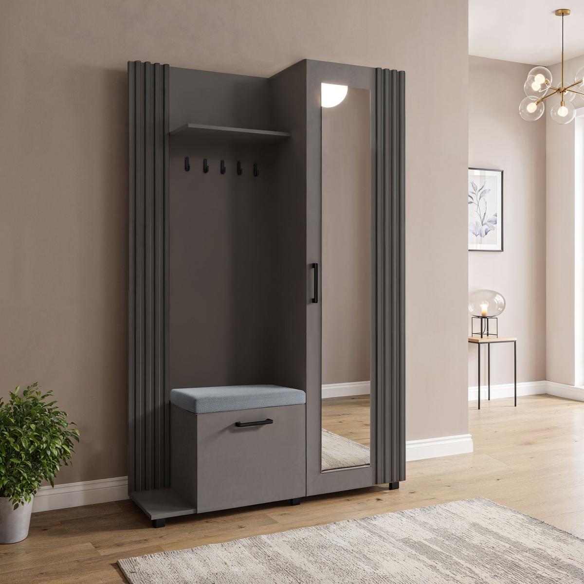 GARDEROBE Linaro mit Spiegel, Sitzbank in Lamellen-Optik 137/207/42 cm, Links - Dunkelgrau/Schwarz, Holzwerkstoff (137/207/42cm) - WFL GROUP