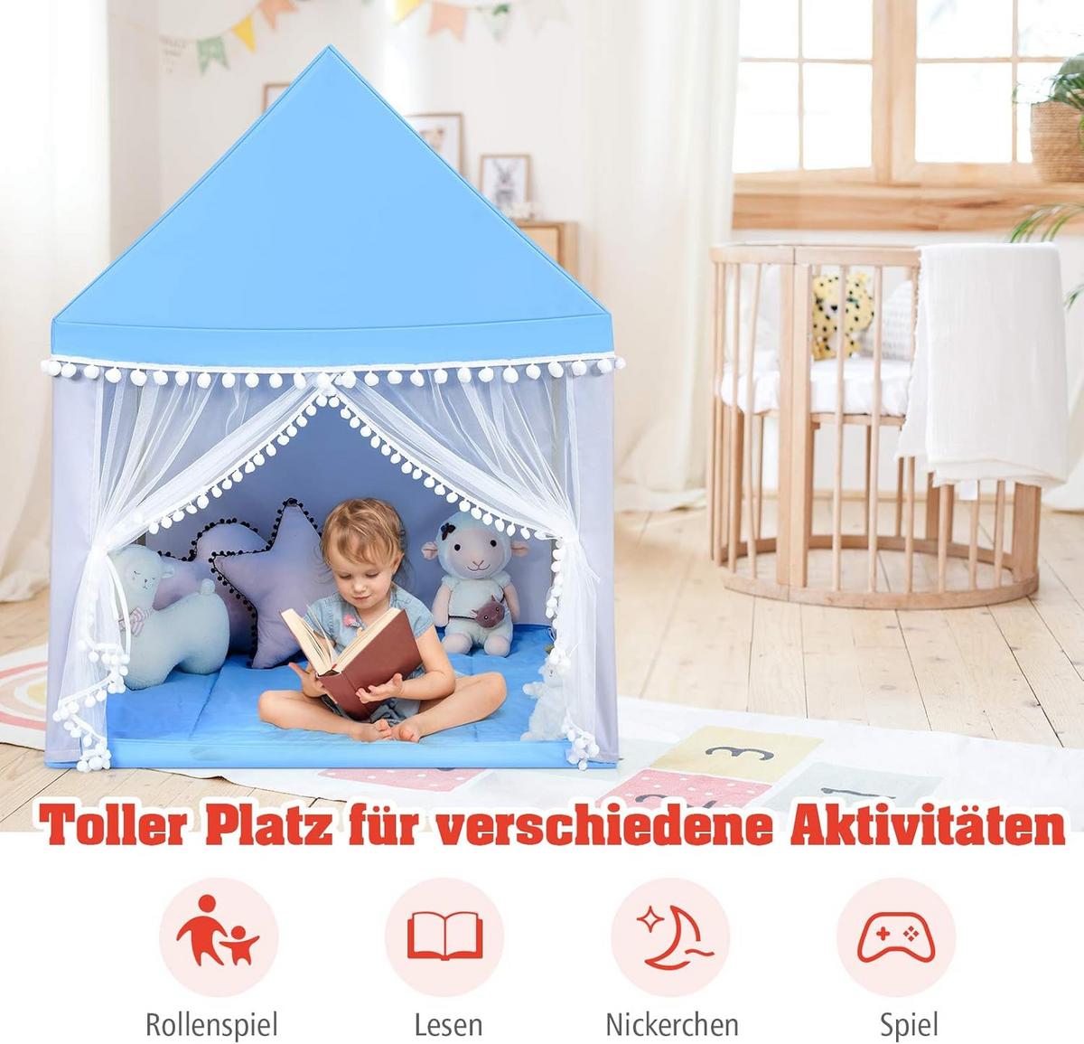 KINDERZELT 140cm Blau - Blau, Textil (120/105cm) - COSTWAY
