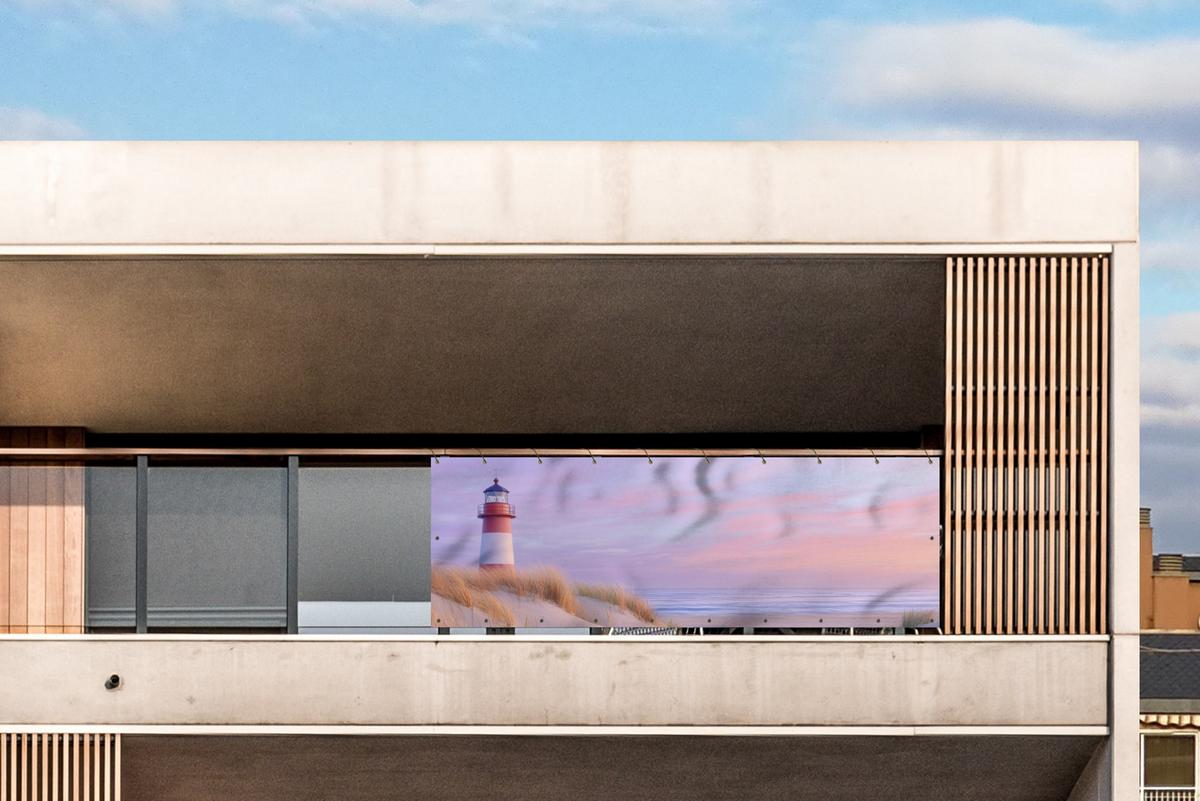BALKON-SICHTSCHUTZ Leuchtturm - Dünen - Sonnenuntergang Windschutz 300x90 cm - Hellrosa, Kunststoff (300/90cm) - MuchoWow