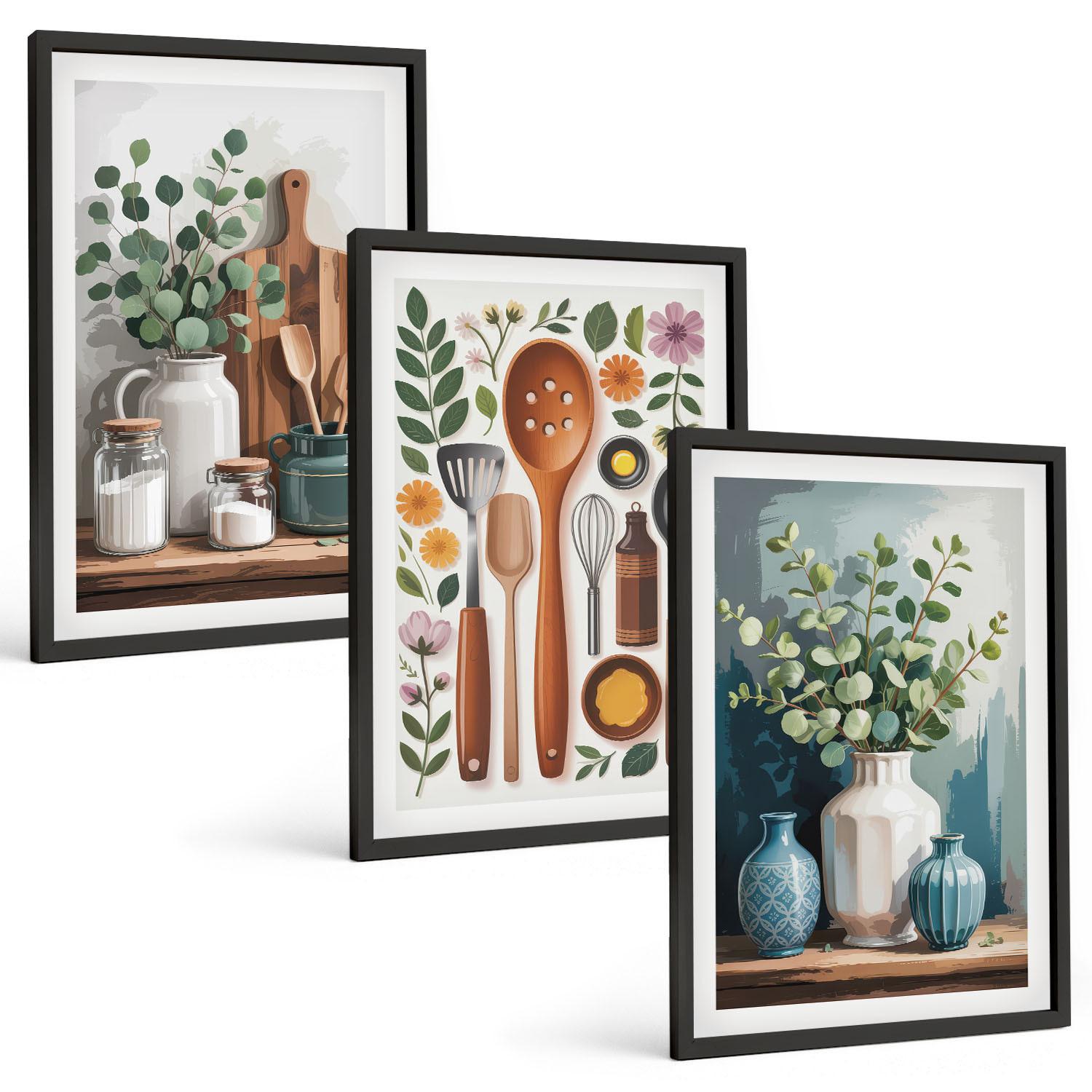 BILDER SET 3er Set - 40x60 cm Schwarzer Rahmen - Küchenaccessoires auf pflanzlicher Basis - Schwarz, Kunststoff (40/60cm) - TULUP