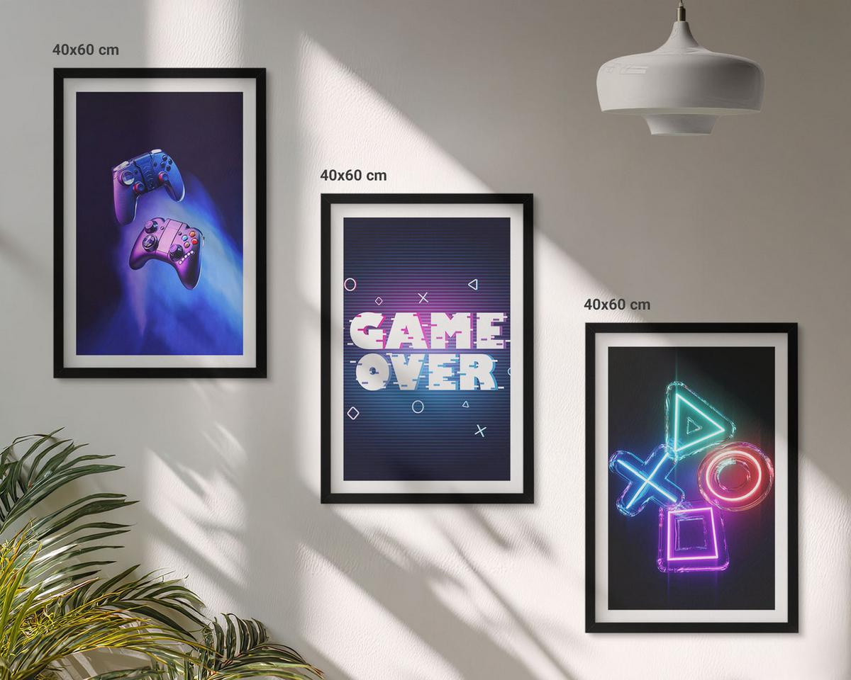 BILDER SET 3er Set - 40x60 cm Schwarzer Rahmen - Game Over Gamepads - Schwarz, Kunststoff (40/60cm) - TULUP