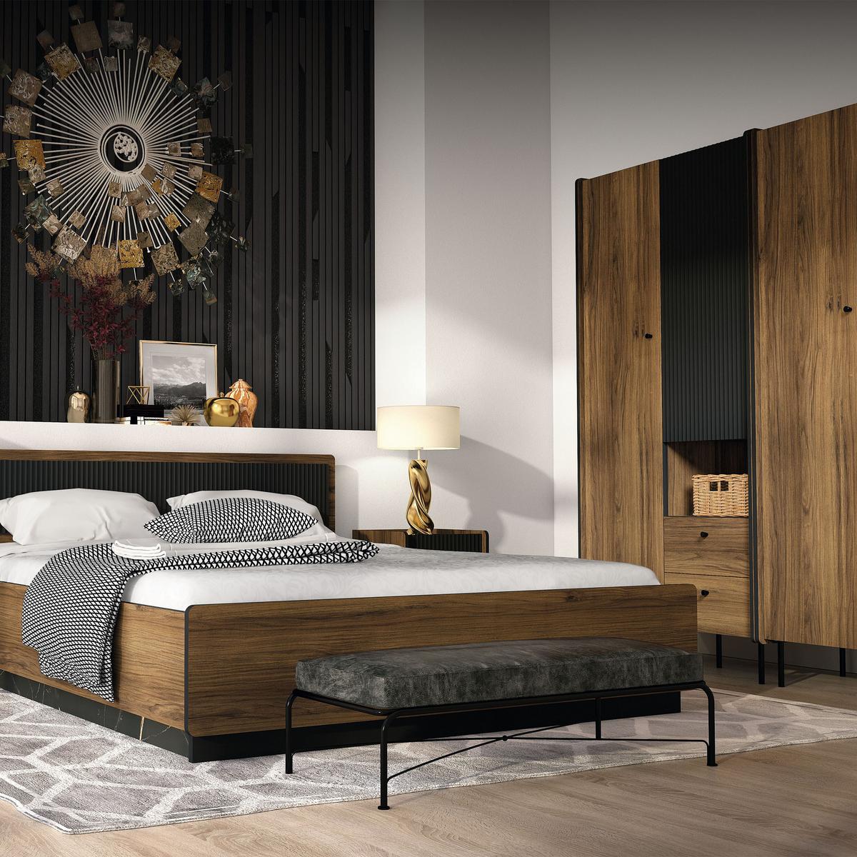 KOMMODE Piano mit 2 Türen und 3 Schubladen, Mattschwarz + Warmia-Nussbaum - Dunkelbraun/Schwarz, Holzwerkstoff (150/79/40cm) - Beautysofa