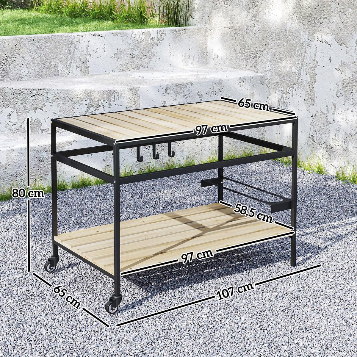 SERVIERWAGEN, Barbecue Trolley mit 2 Regalen, Haken für Garten, Balkon, Natur - Fichtefarben, Metall (65/80/107cm) - Outsunny