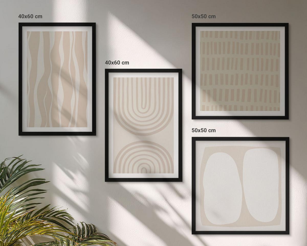 BILDER SET 4er Set - 50x50 cm & 40x60 cm Schwarzer Rahmen - Abstrakte Boho-Musterformen - Schwarz, Kunststoff (50/50cm) - TULUP