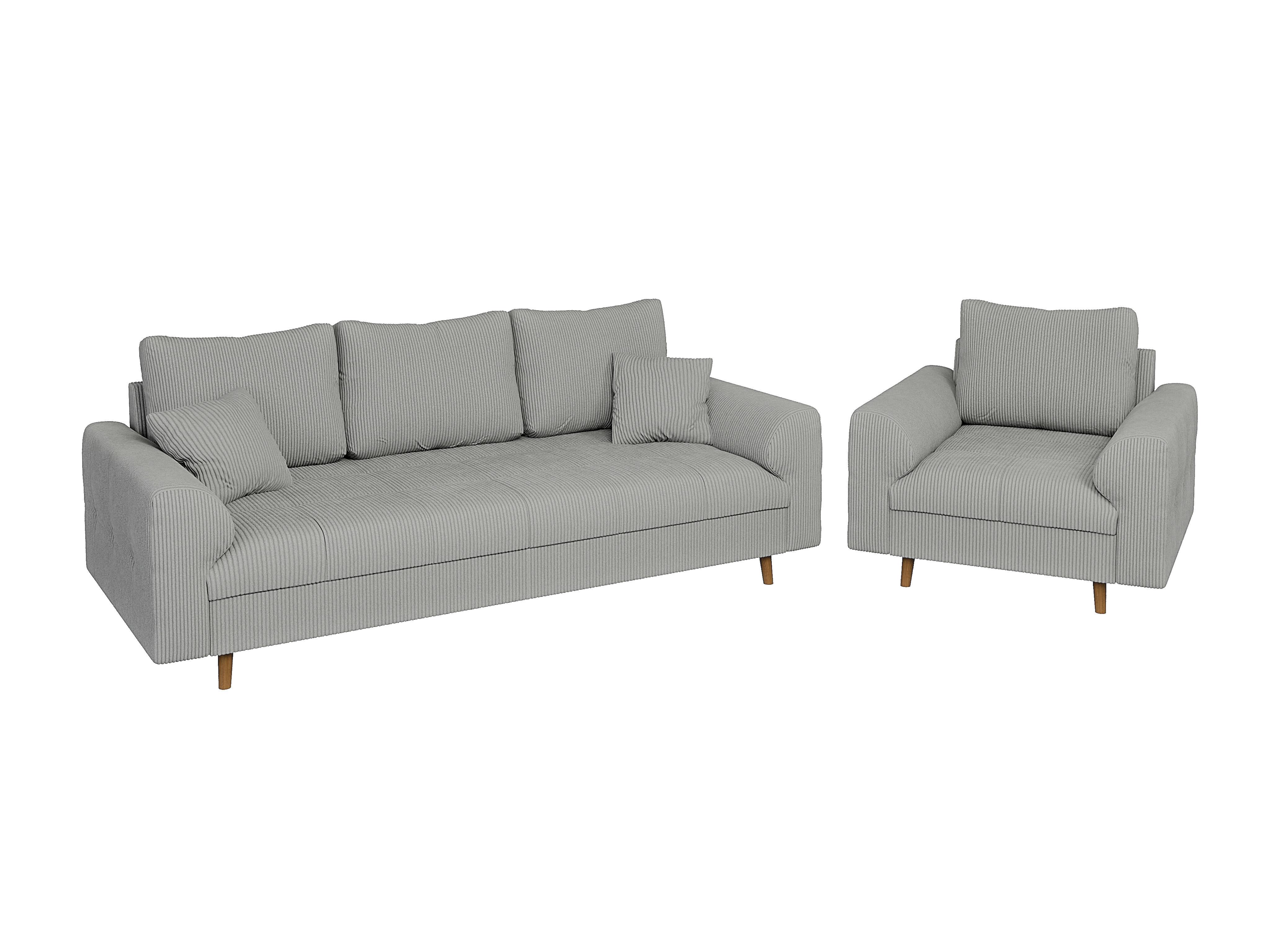 SITZGARNITUR 3+1 Alma Hellgrau Cord - Hellgrau/Braun, Holz/Textil (210/81/93cm) - S-Style Möbel