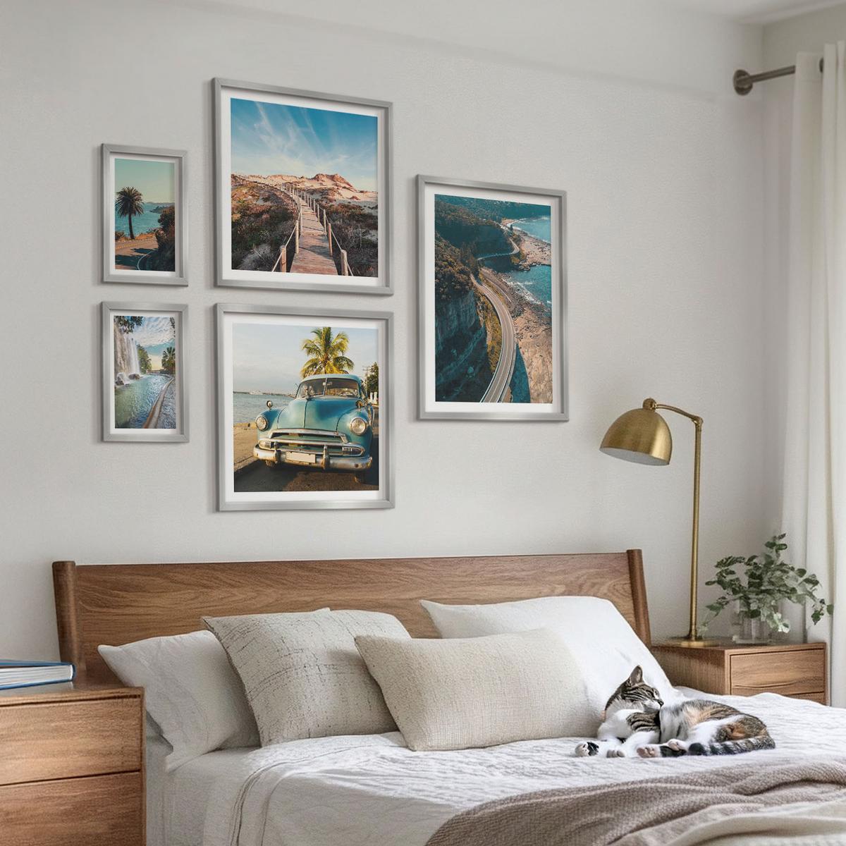 BILDER SET 5er Set - 50x50 cm & 20x30 cm & 40x60 cm Silberner Rahmen - Fuji-Torii-Bambuswald, Japan - Silberfarben, Kunststoff (40/60cm) - TULUP