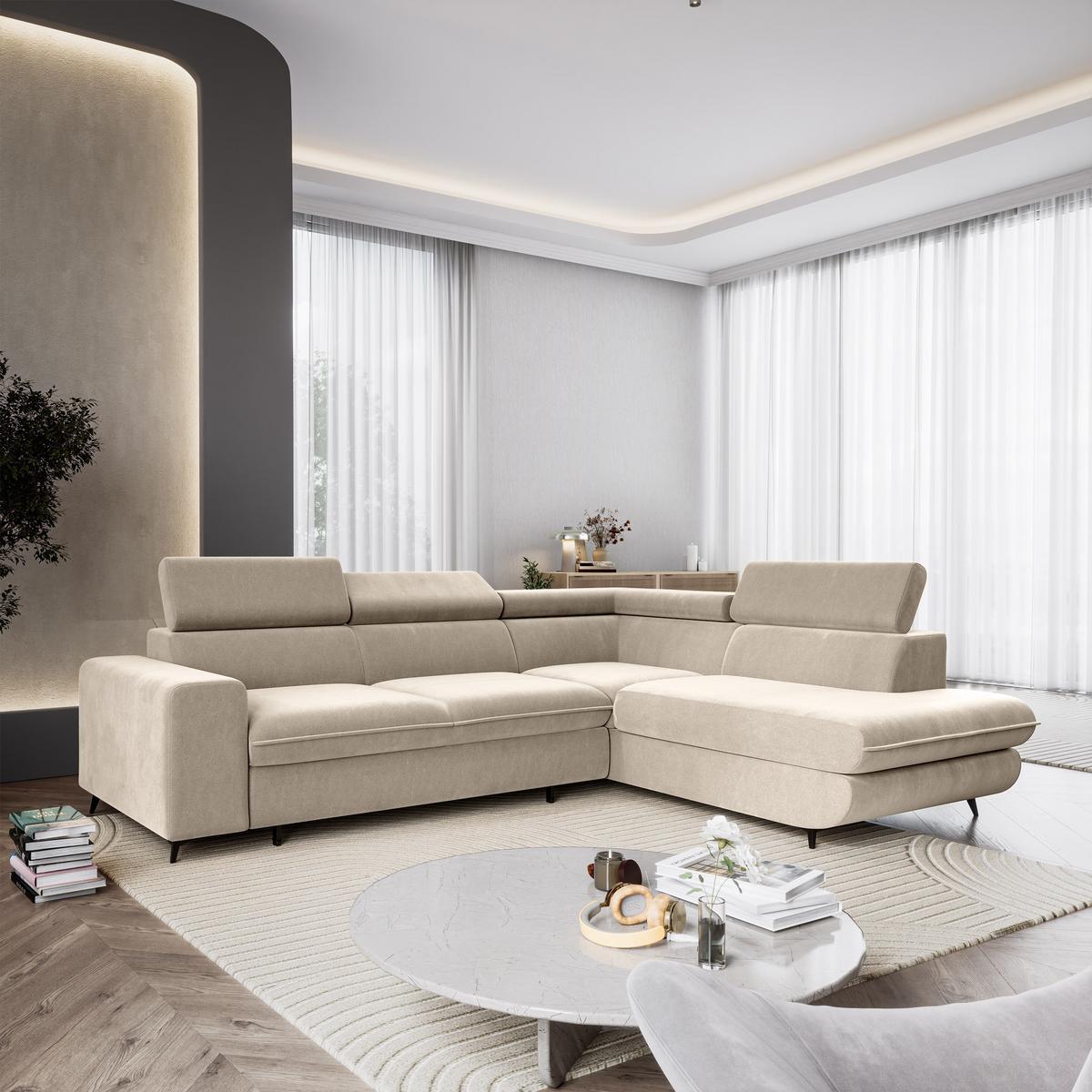 ECKSOFA VELISS Creme Veloursstoff mit Schlaffunktion - Creme, Holz (255/193cm) - MASSENO