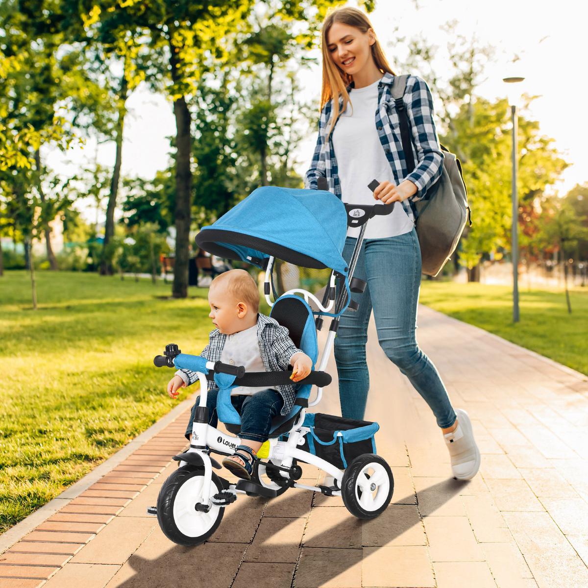 6-IN-1 Dreirad mit Schubstange, Kinderdreirad mit abnehmbarem Sonnendach Blau - Blau, Metall (95/50/106cm) - HOMCOM