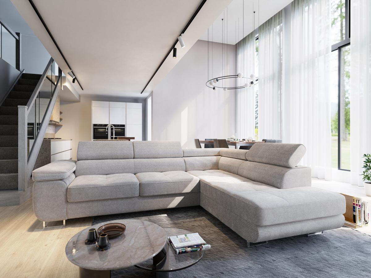 ECKSOFA APIRO R-S Creme Kordstoff mit Schlaffunktion - Silberfarben/Creme, Holz/Textil (276/202cm) - MASSENO