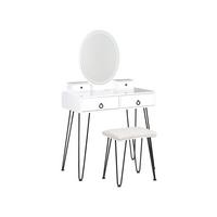 SCHMINKTISCH mit ovalem LED-Spiegel Hocker 4 Schubladen USB-Port weiß/schwarz Soye - Schwarz/Weiß, Holzwerkstoff (80/136/40cm) - Beliani