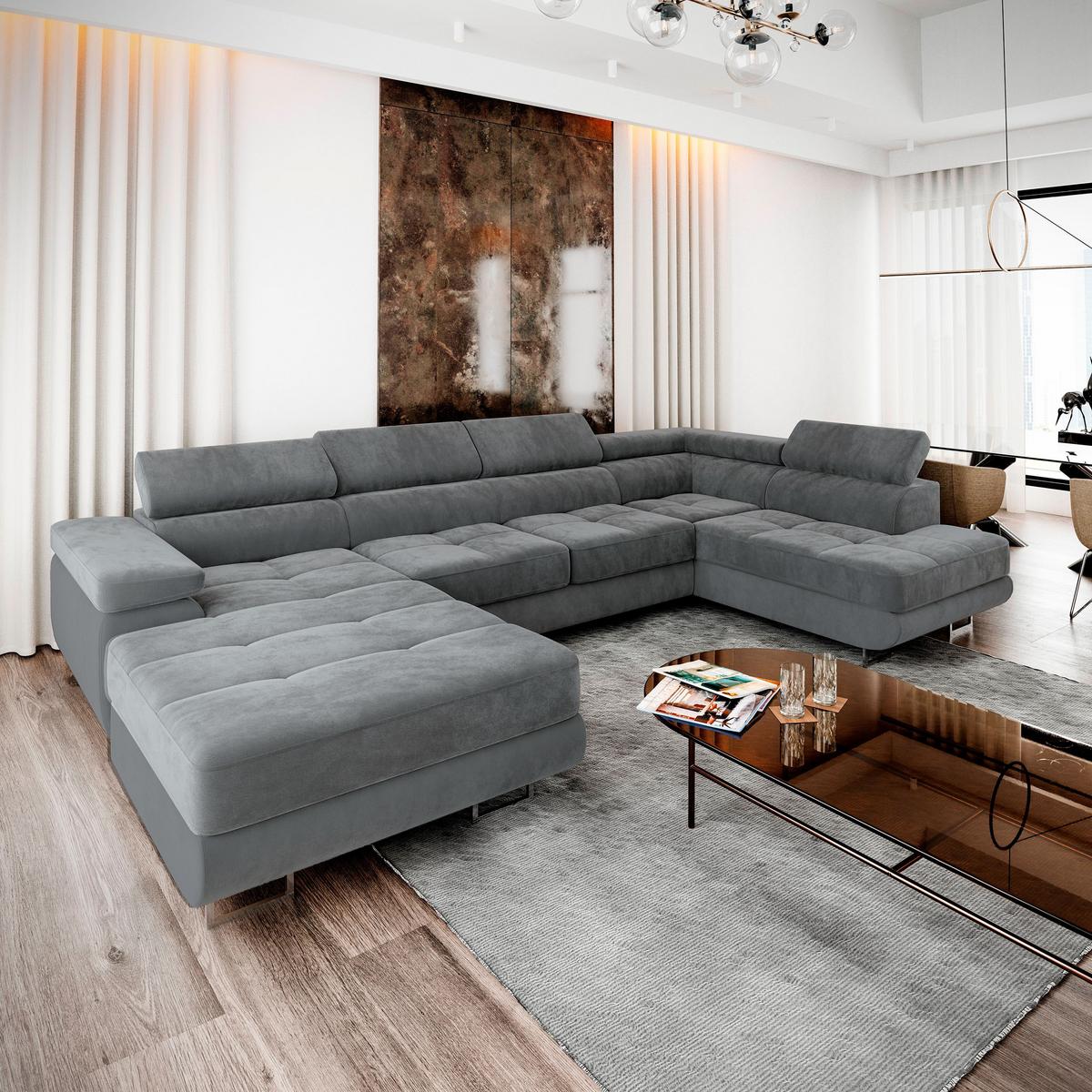WOHNLANDSCHAFT CASONE R-S Grau Velours-Stoff mit Schlaffunktion - Silberfarben/Grau, Holz/Textil (345/90/202cm) - MASSENO